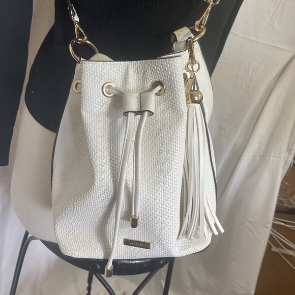Aldo White W/Gold Woven Drawstring Bucket Bag Cross Body Convertible Top Handle - Picture 1 of 16